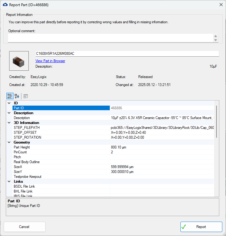 Report Part dialog for correcting and reporting a library part