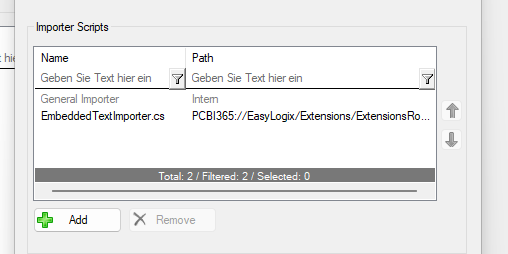 BOM Expert settings section for adding and managing importer scripts