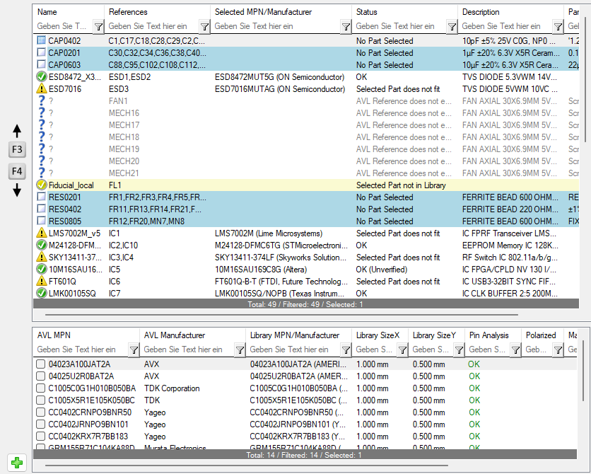 BOM Expert showing the upper component list and the lower list of AVL and library part candidates